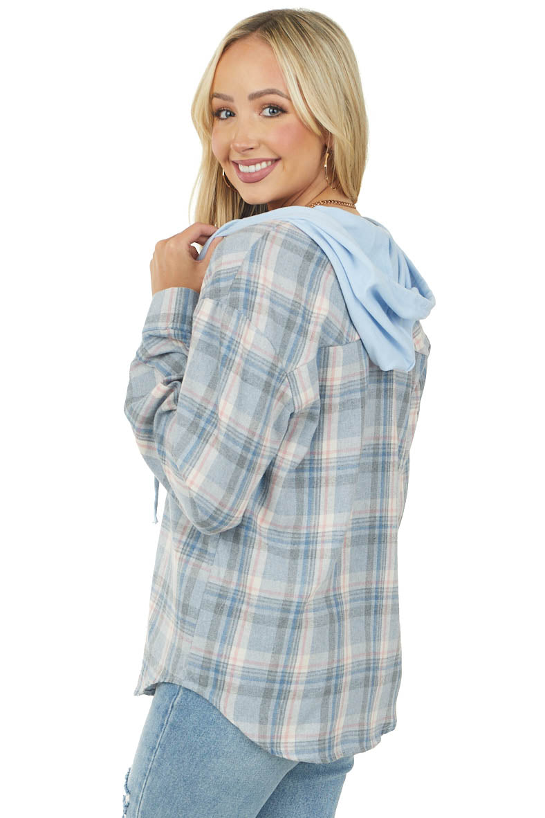 Hazy Blue Plaid Drawstring Hood Flannel Top