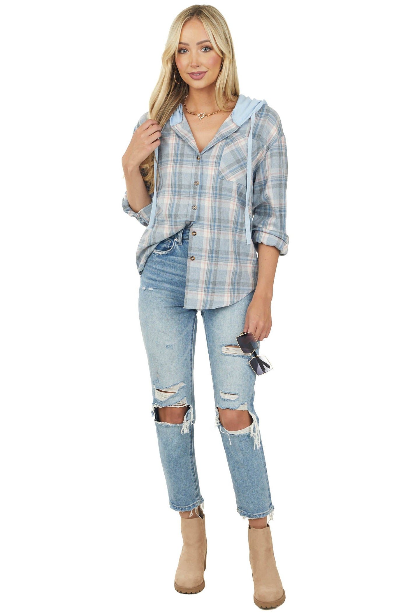Hazy Blue Plaid Drawstring Hood Flannel Top