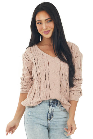 Hazy Blush Chenille Loose Cable Knit Sweater
