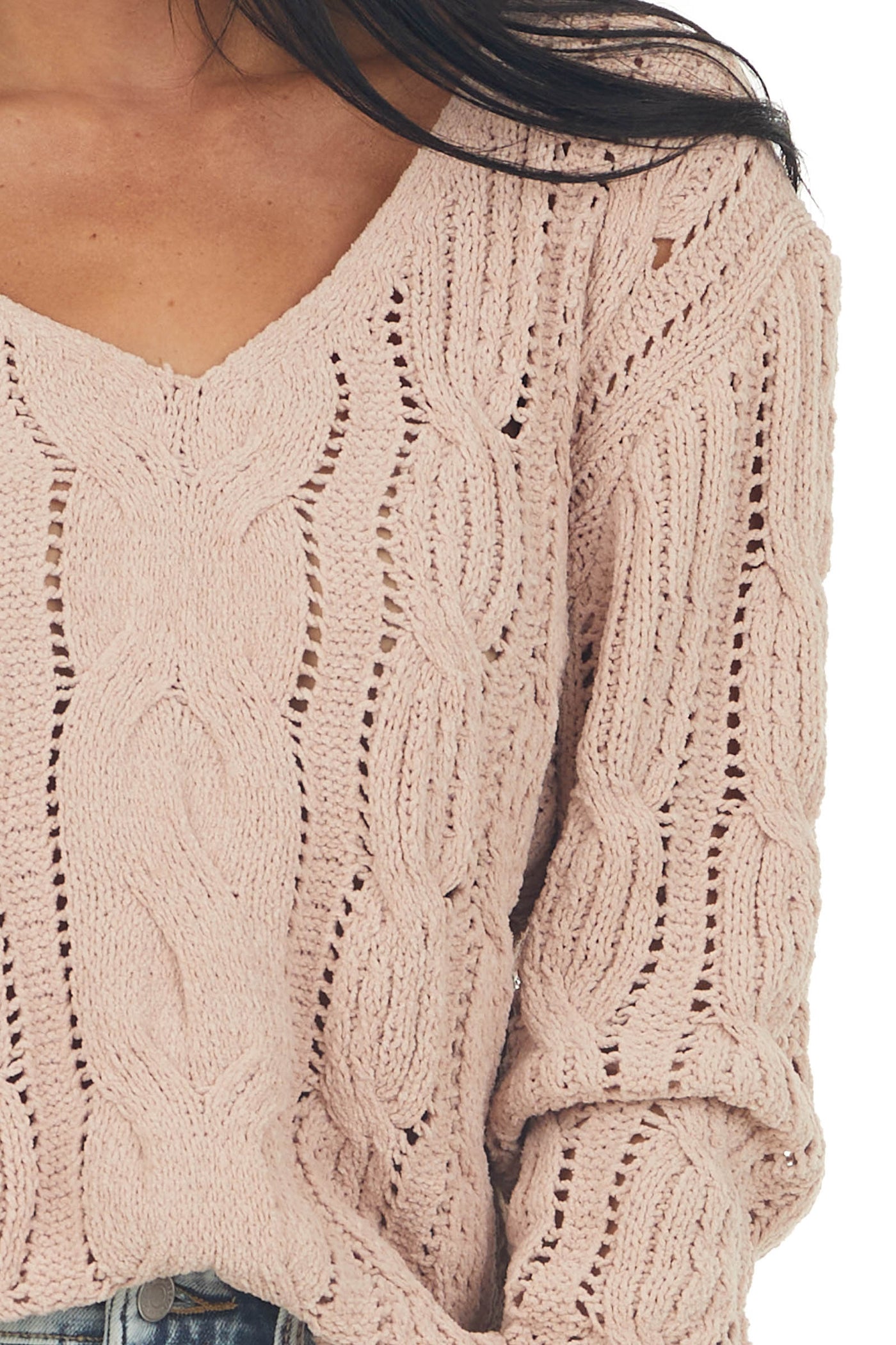 Hazy Blush Chenille Loose Cable Knit Sweater