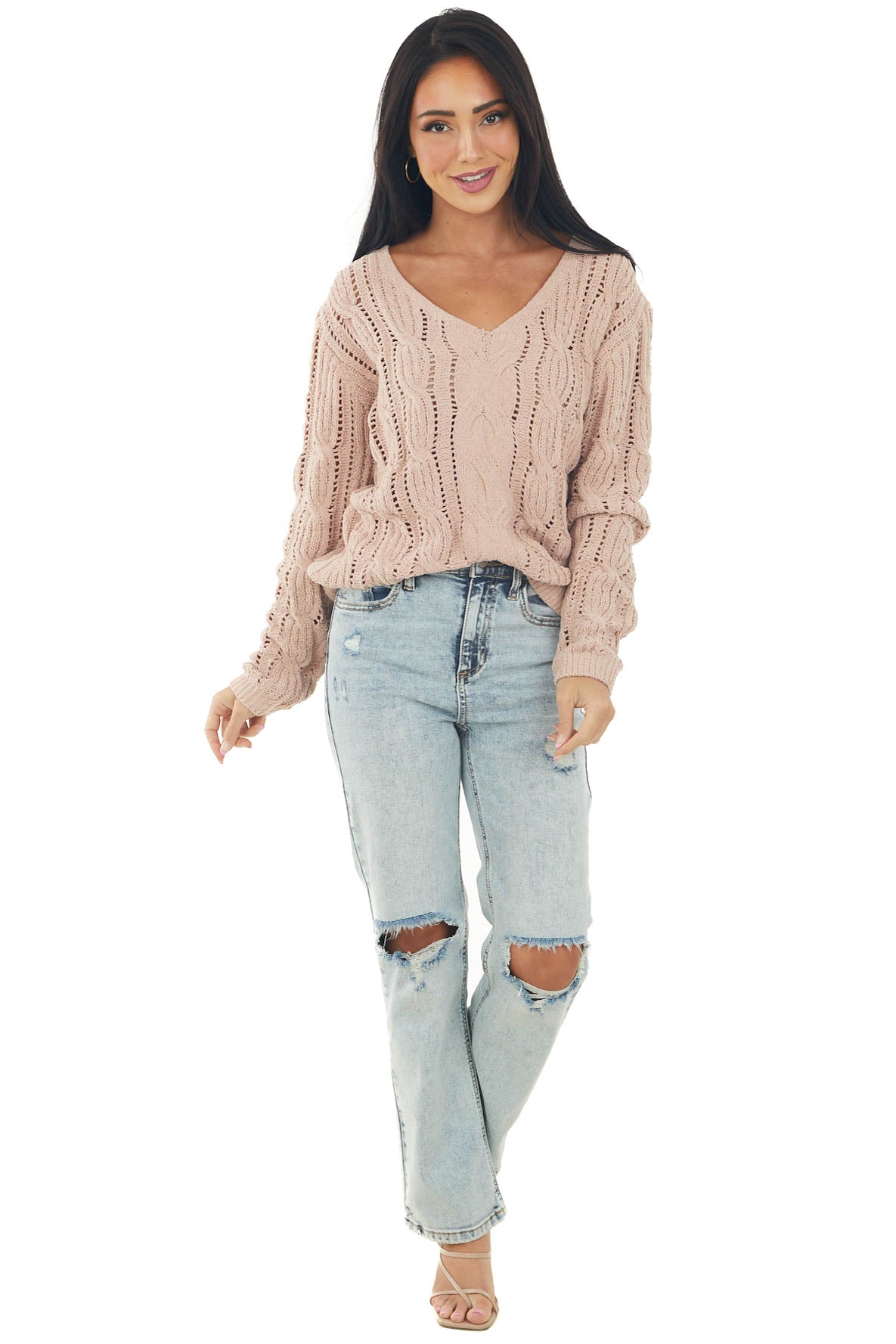 Hazy Blush Chenille Loose Cable Knit Sweater