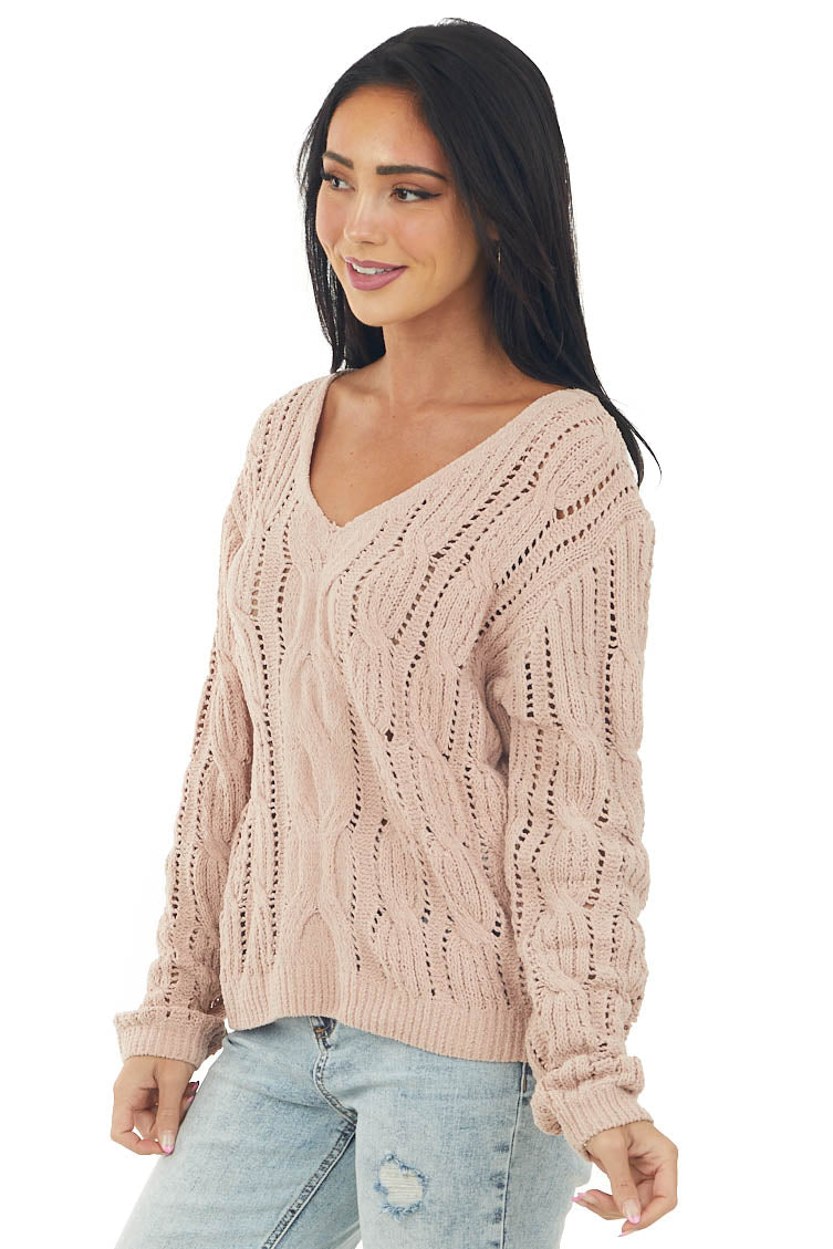 Hazy Blush Chenille Loose Cable Knit Sweater