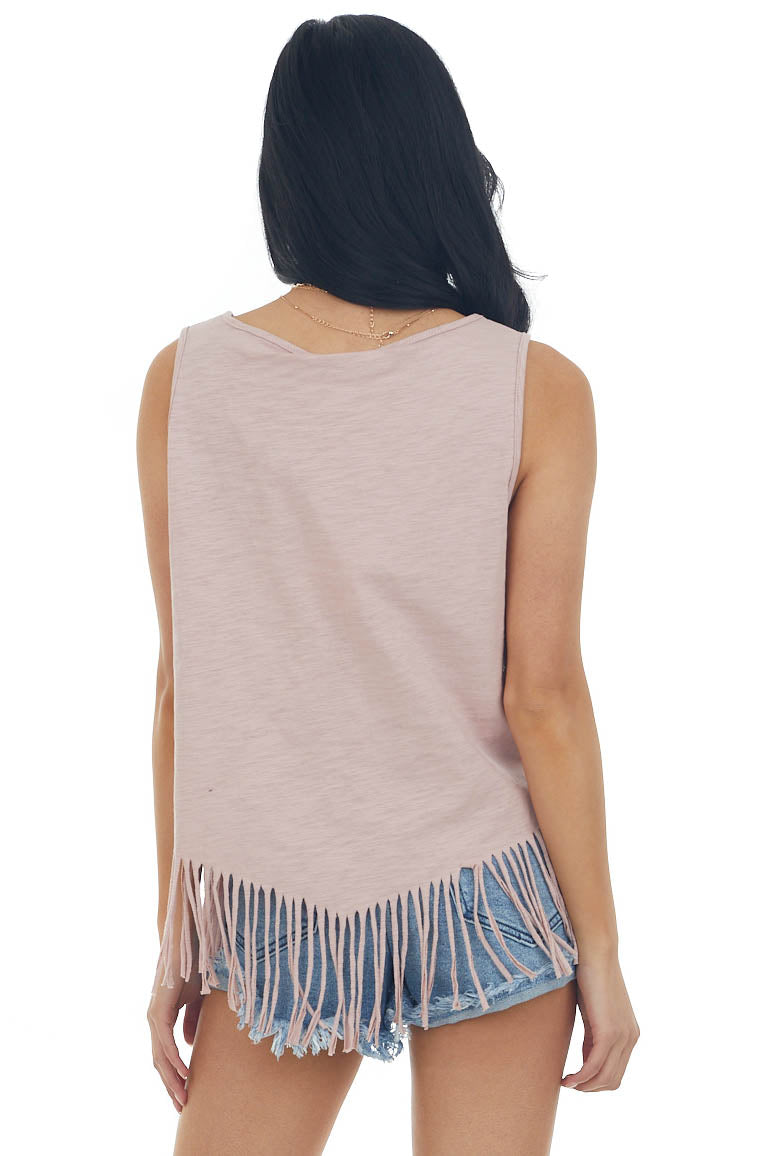 Hazy Blush Heathered Knit Tank Top with Fringe