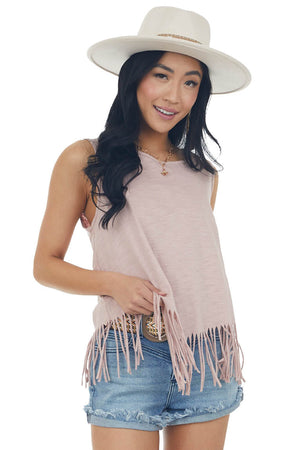 Hazy Blush Heathered Knit Tank Top with Fringe