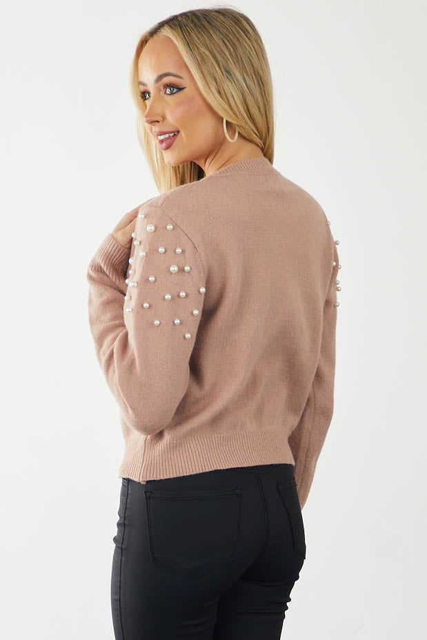 Hazy Blush Pearl Beaded Slight Crop Sweater
