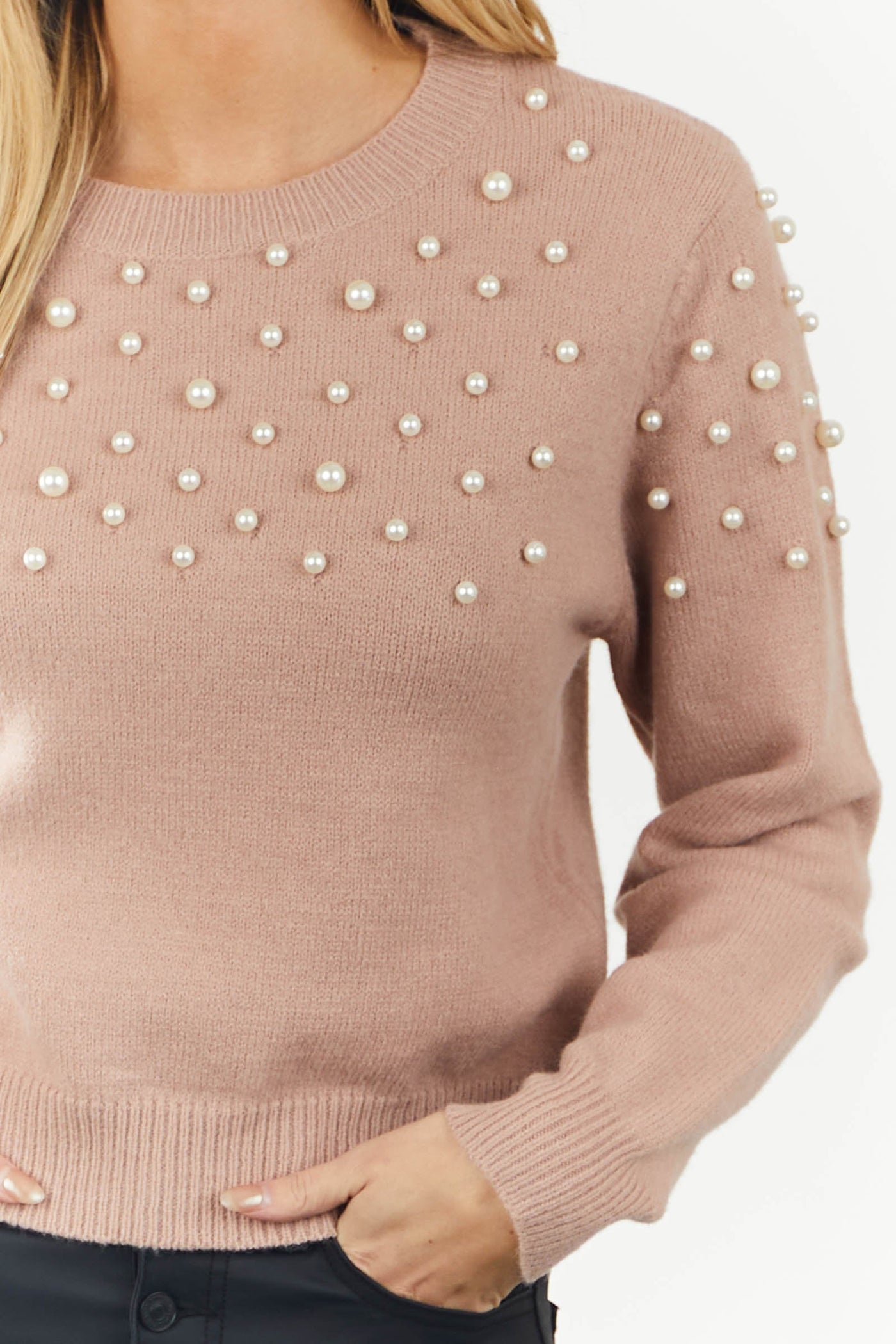 Hazy Blush Pearl Beaded Slight Crop Sweater