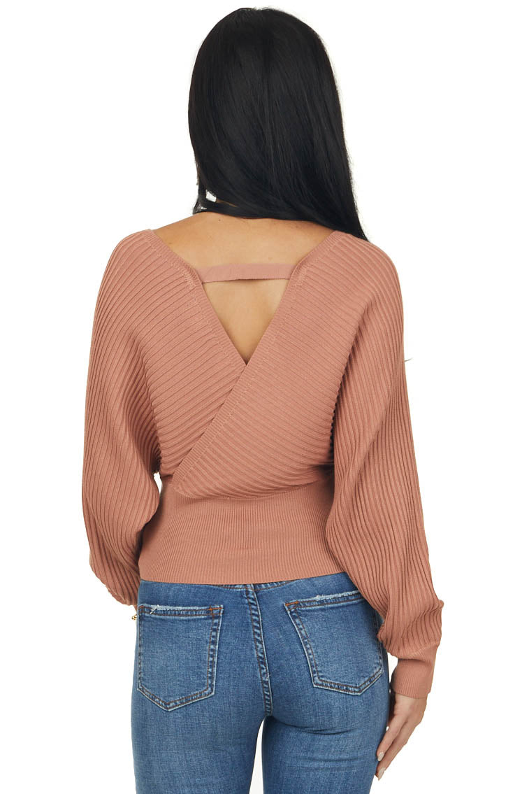 Hazy Coral Surplice Long Sleeve Ribbed Sweater