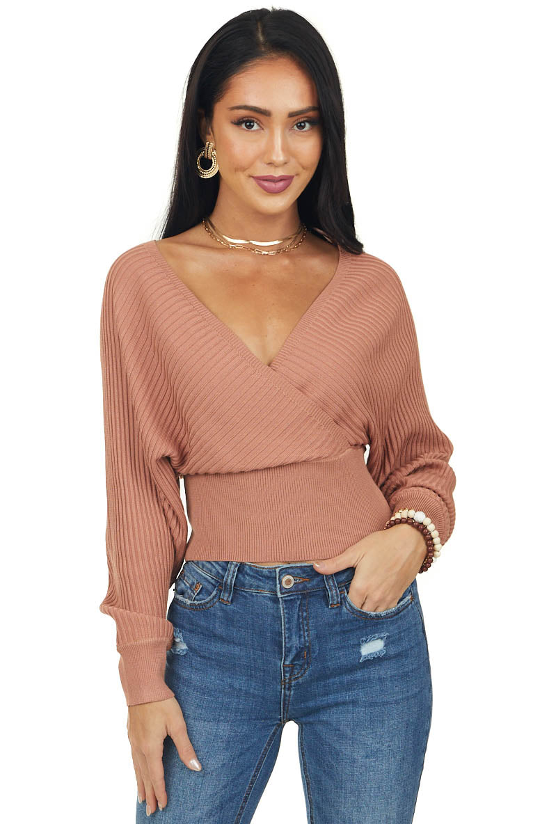 Hazy Coral Surplice Long Sleeve Ribbed Sweater
