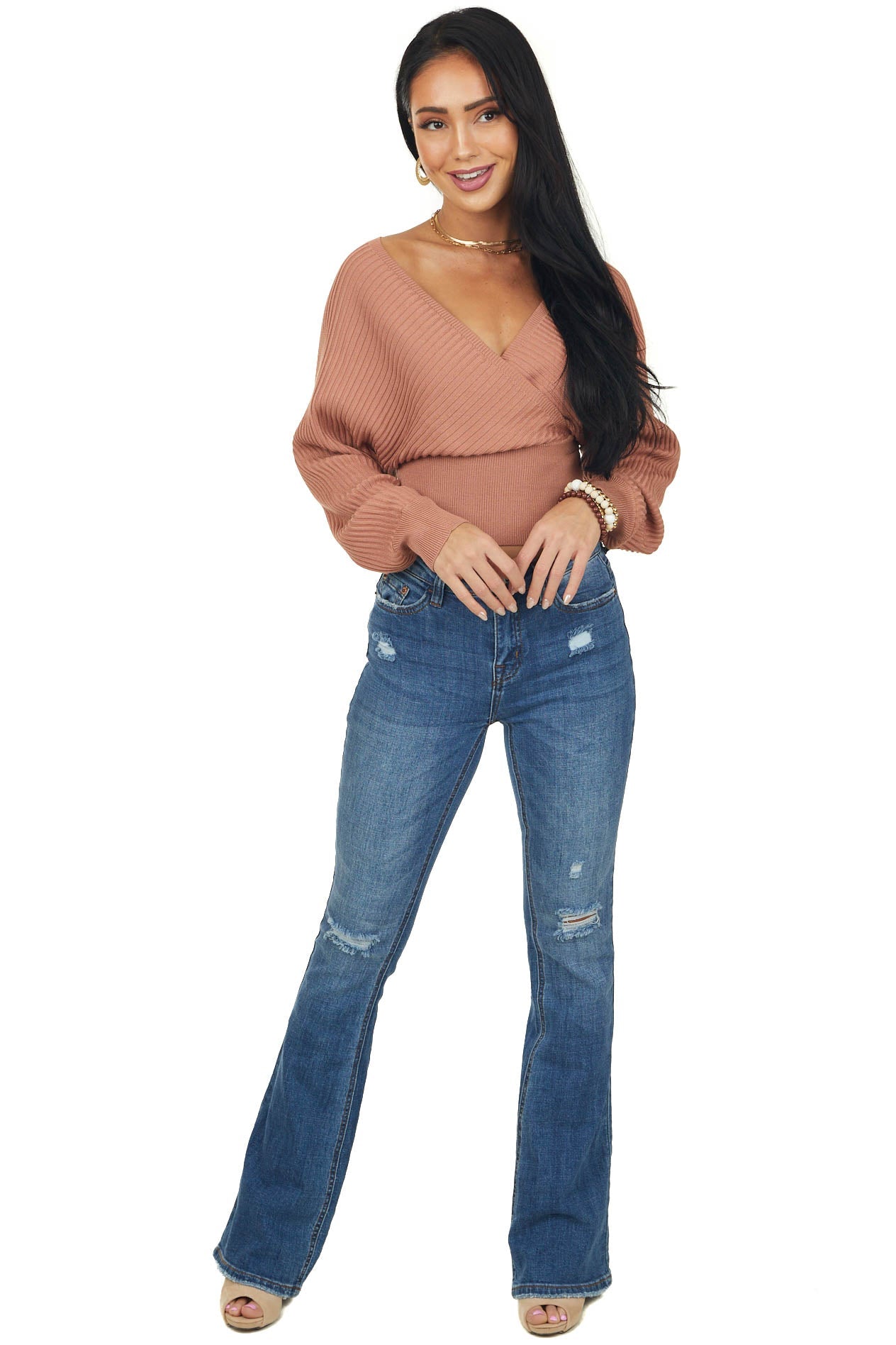 Hazy Coral Surplice Long Sleeve Ribbed Sweater