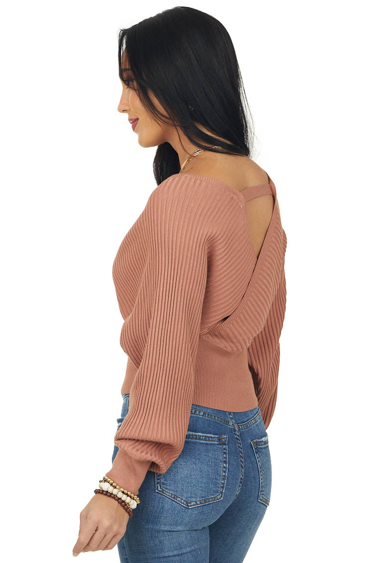 Hazy Coral Surplice Long Sleeve Ribbed Sweater