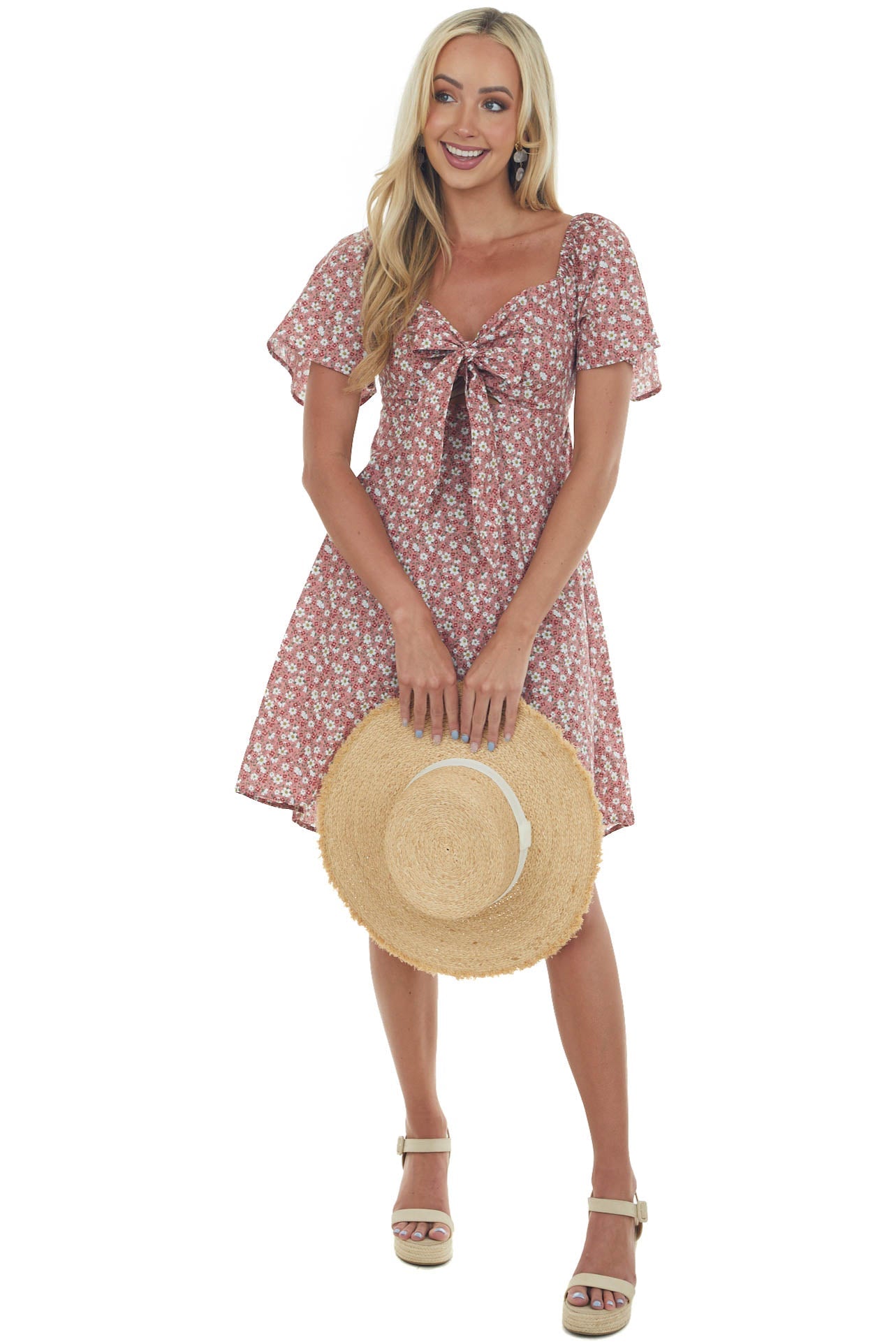 Hazy Punch Floral Front Tie Cut Out Mini Dress