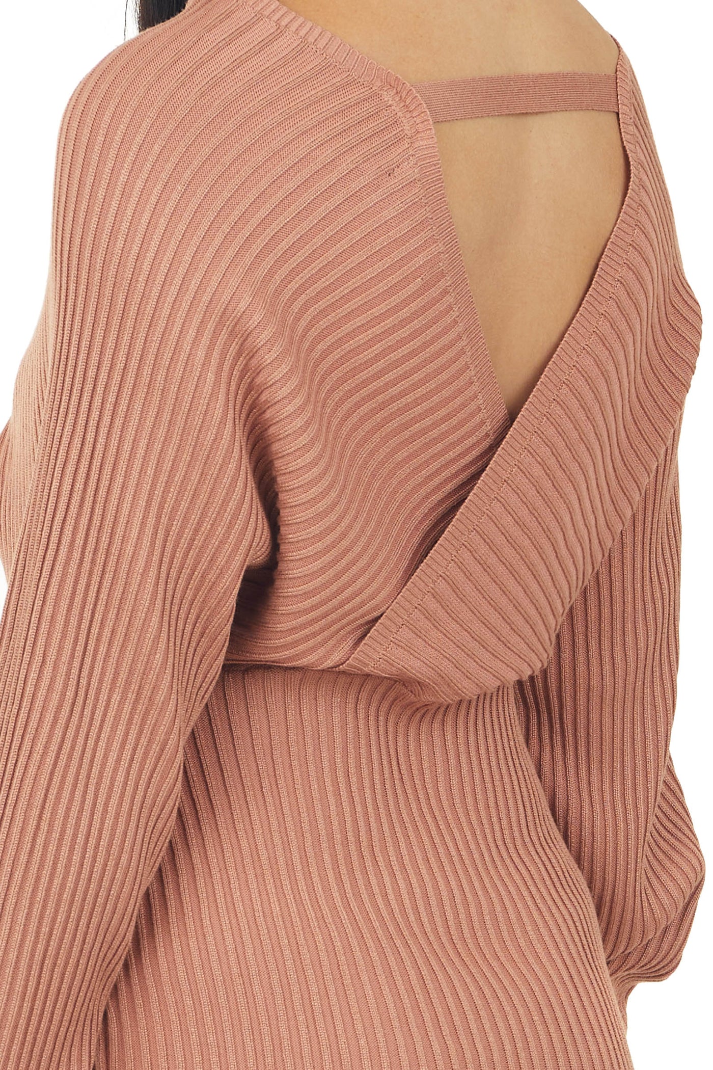 Hazy Salmon Deep V Surplice Ribbed Sweater Dress