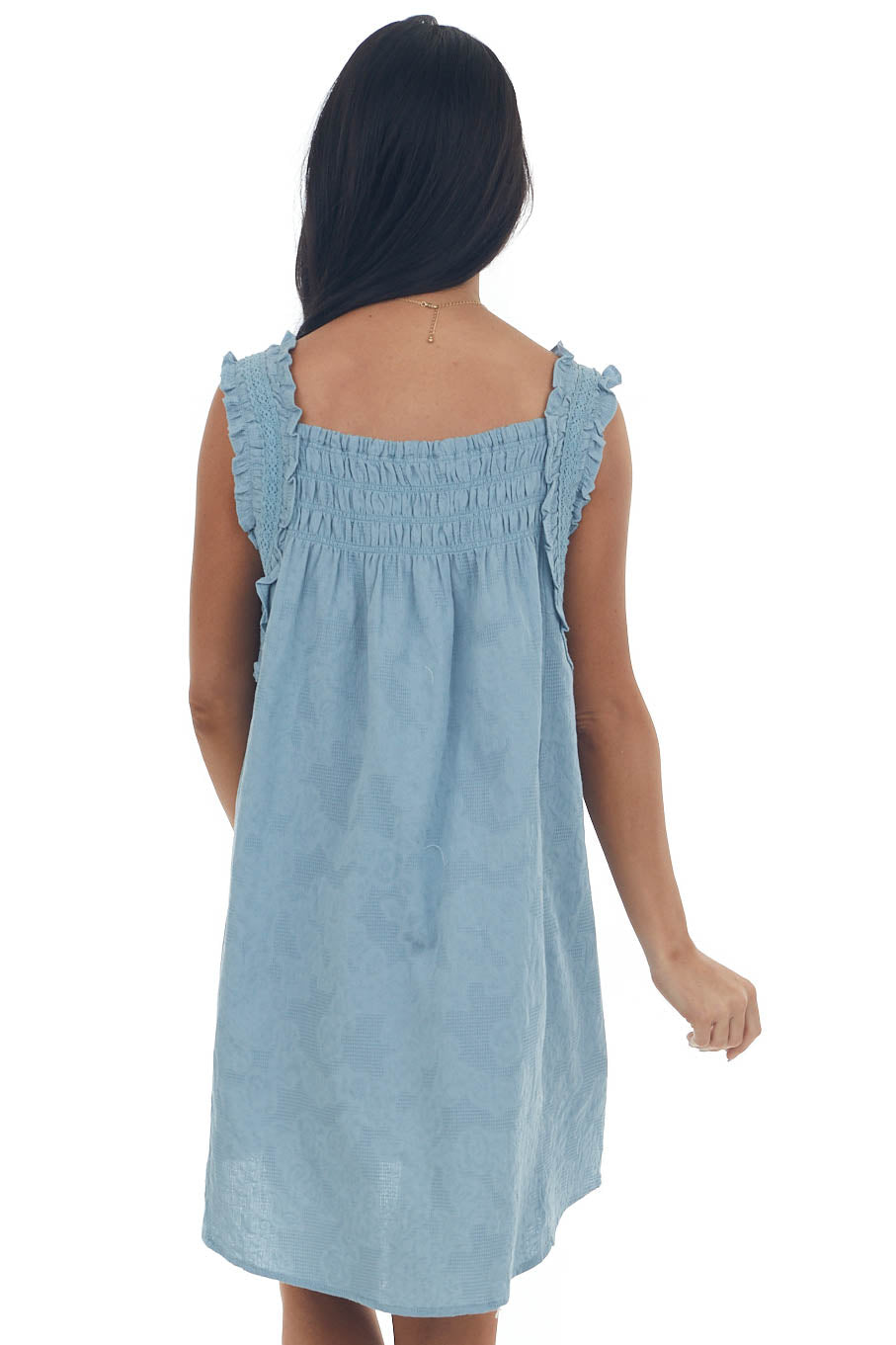 Hazy Teal Textured Smocked Yoke Sleeveless Dress