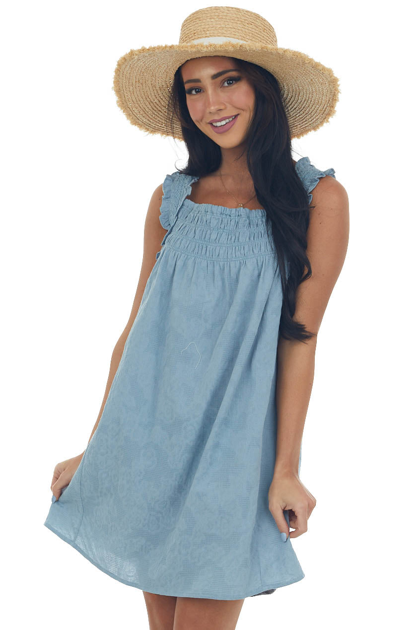 Hazy Teal Textured Smocked Yoke Sleeveless Dress