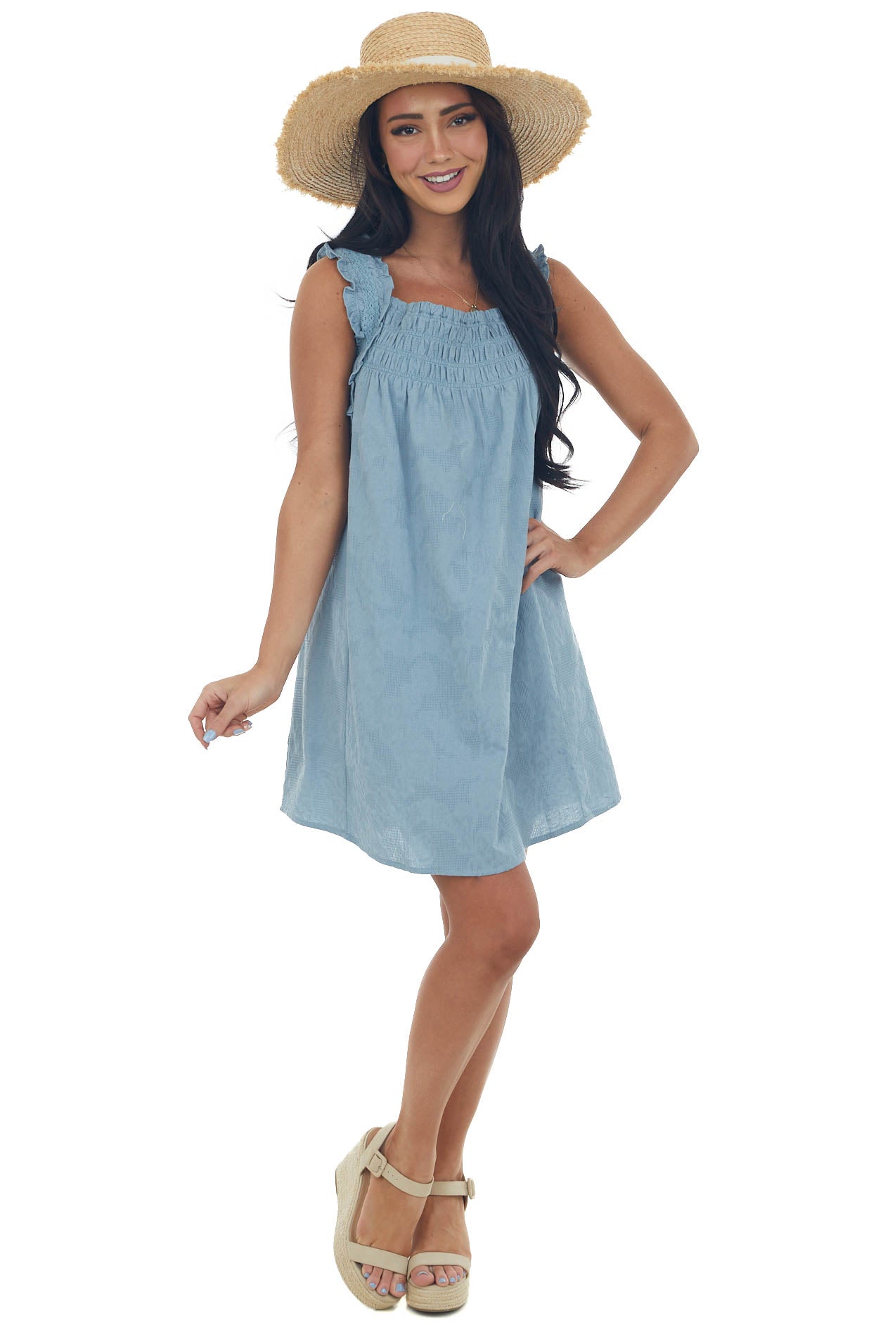 Hazy Teal Textured Smocked Yoke Sleeveless Dress