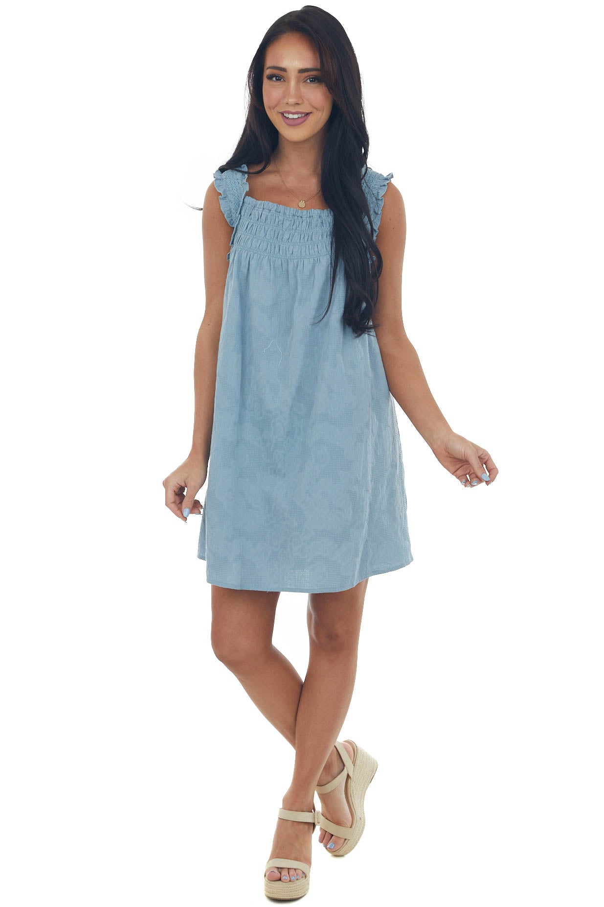 Hazy Teal Textured Smocked Yoke Sleeveless Dress