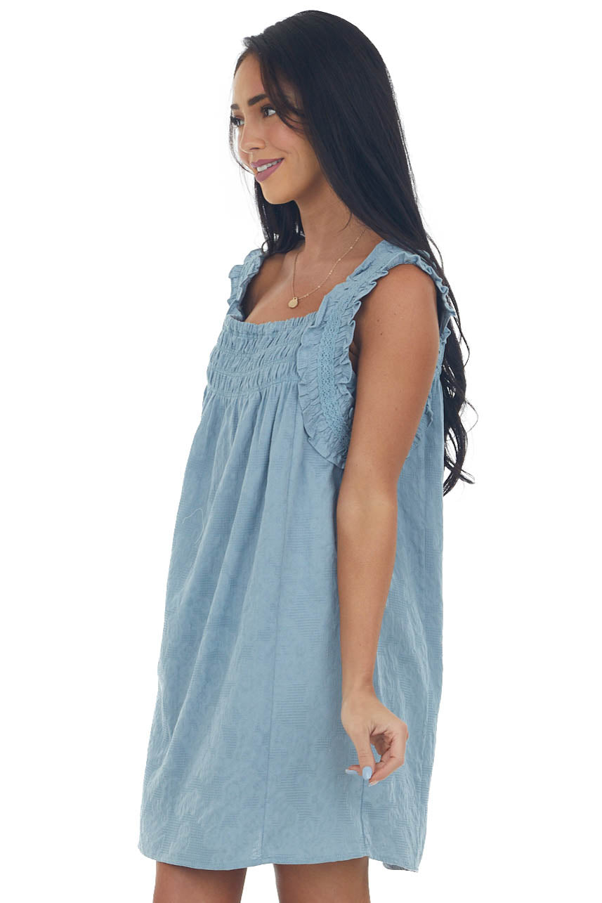Hazy Teal Textured Smocked Yoke Sleeveless Dress
