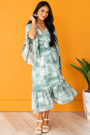 Hazy Teal Tie Dye Flowy Sleeve Midi Dress