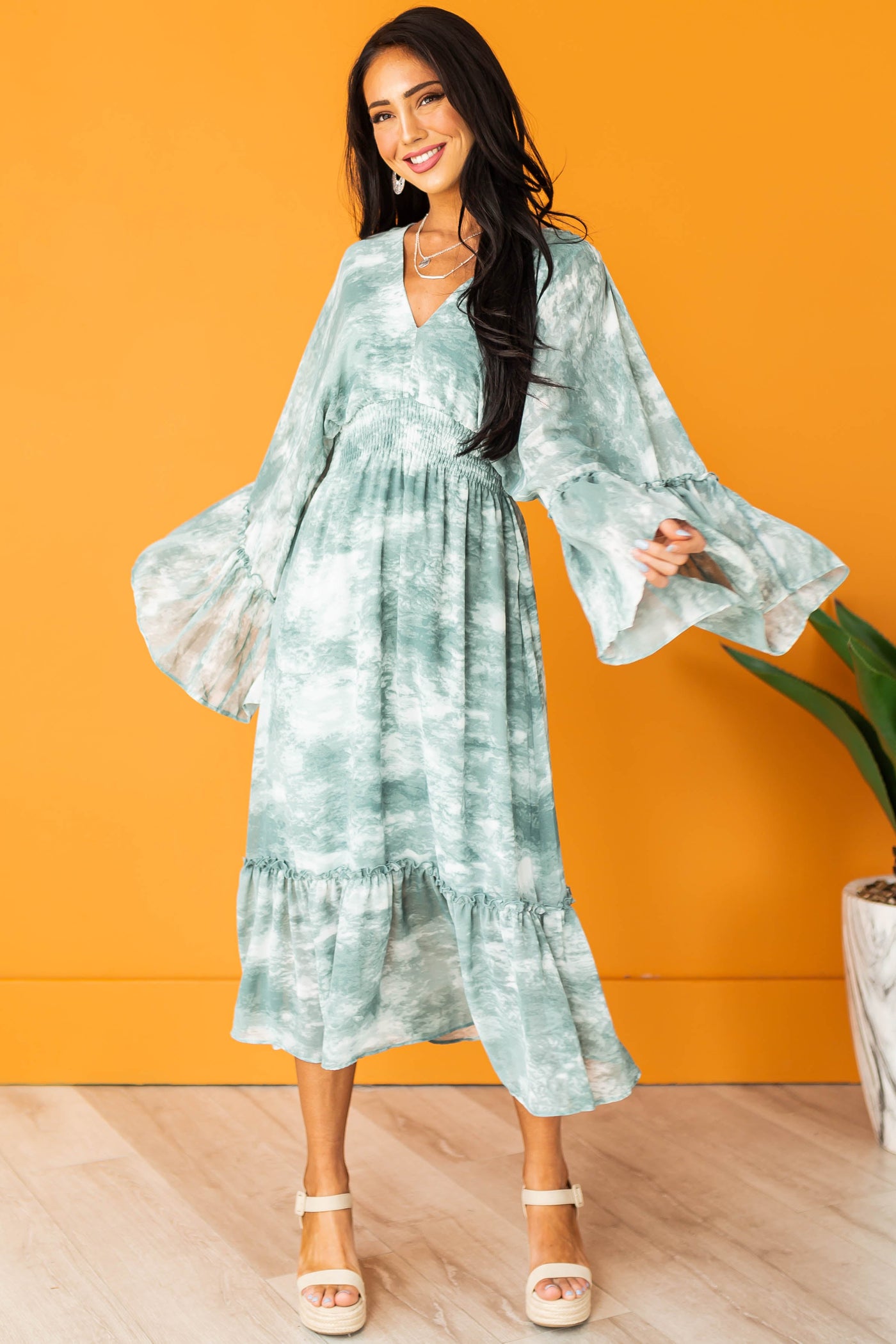 Hazy Teal Tie Dye Flowy Sleeve Midi Dress