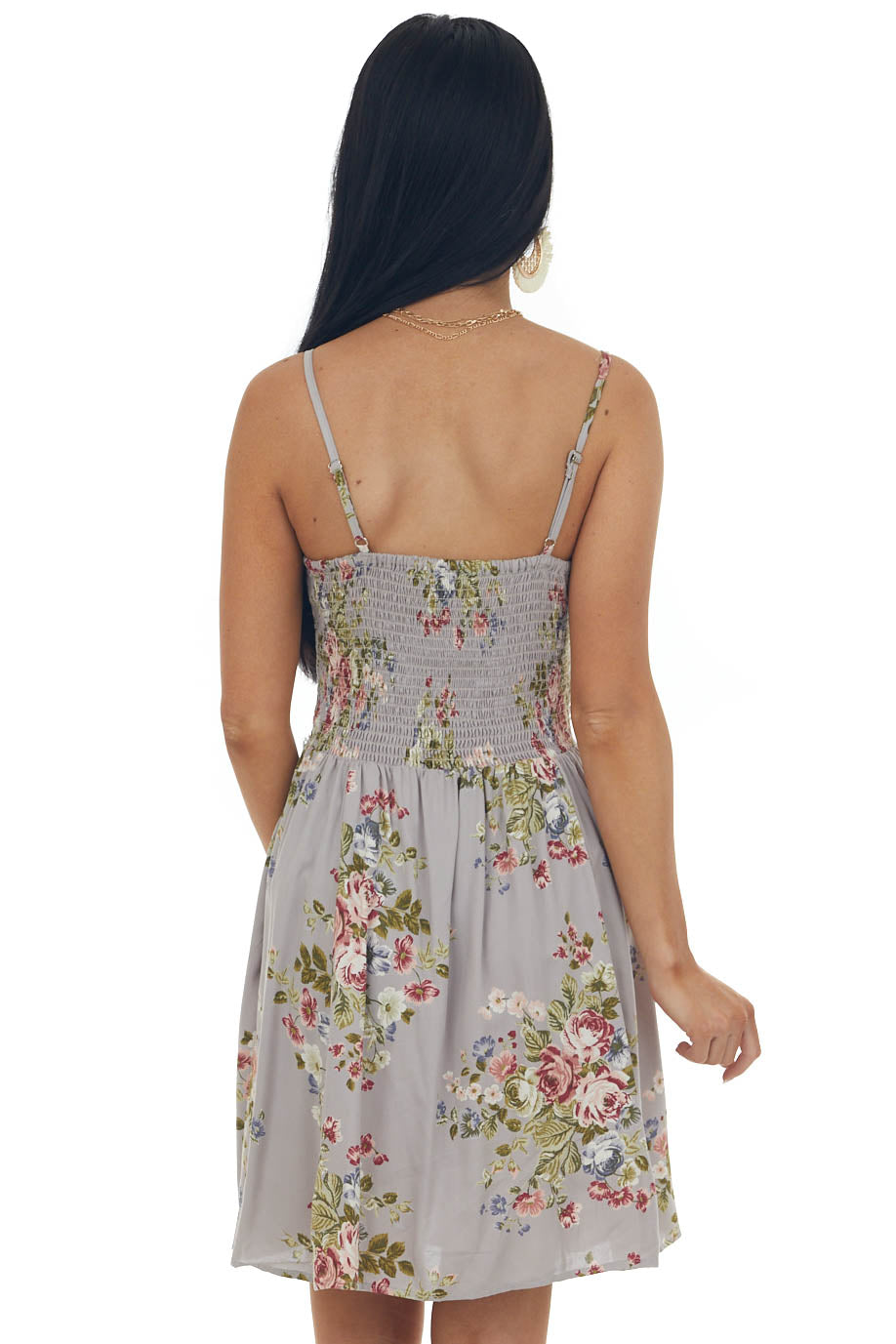 Heather Grey Floral Print Smocked Spaghetti Strap Mini Dress
