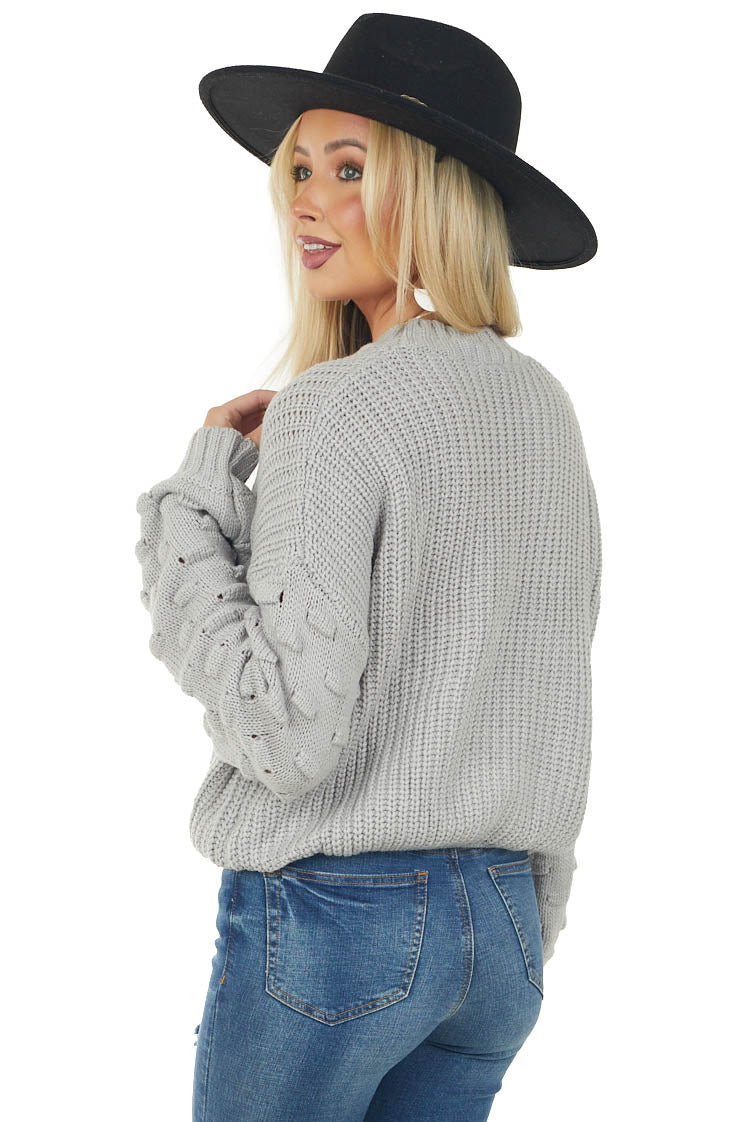 Heather Grey Textured Bubble Sleeve Knit Sweater