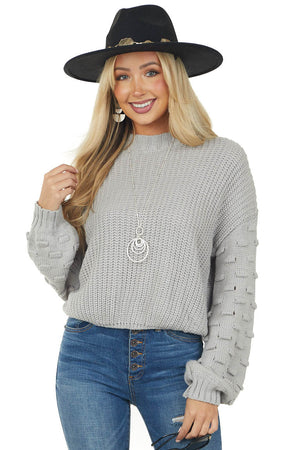 Heather Grey Textured Bubble Sleeve Knit Sweater