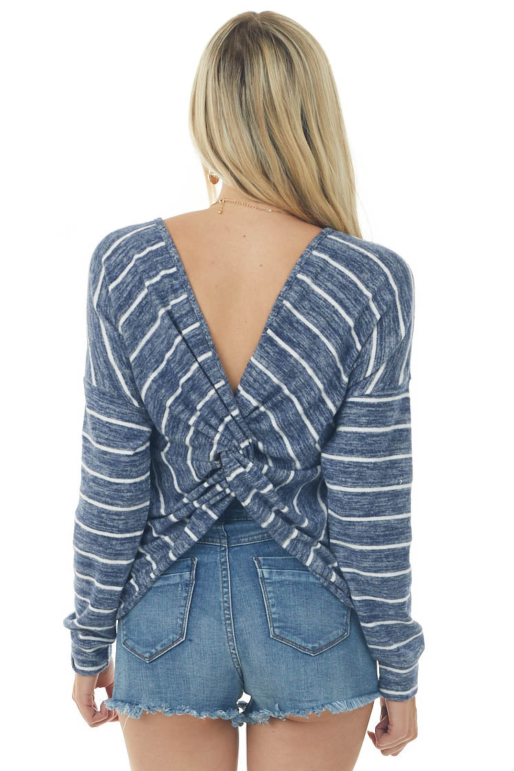 Heather Navy Striped Sweater with Twisted Back