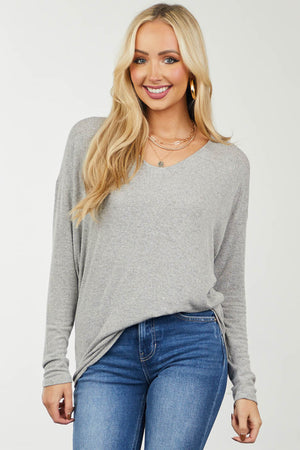 Heathered Grey Boat Neck Drop Shoulder Knit Top