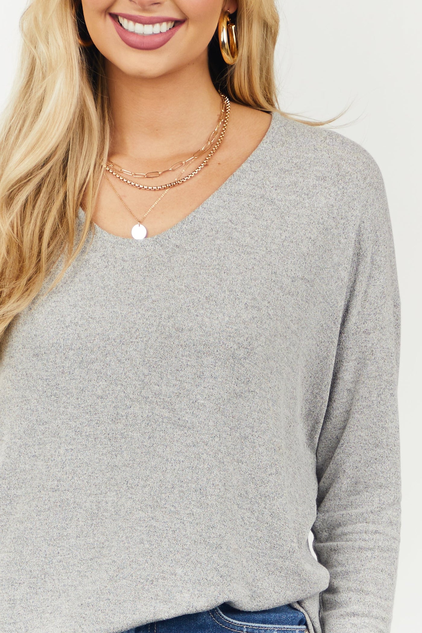 Heathered Grey Boat Neck Drop Shoulder Knit Top
