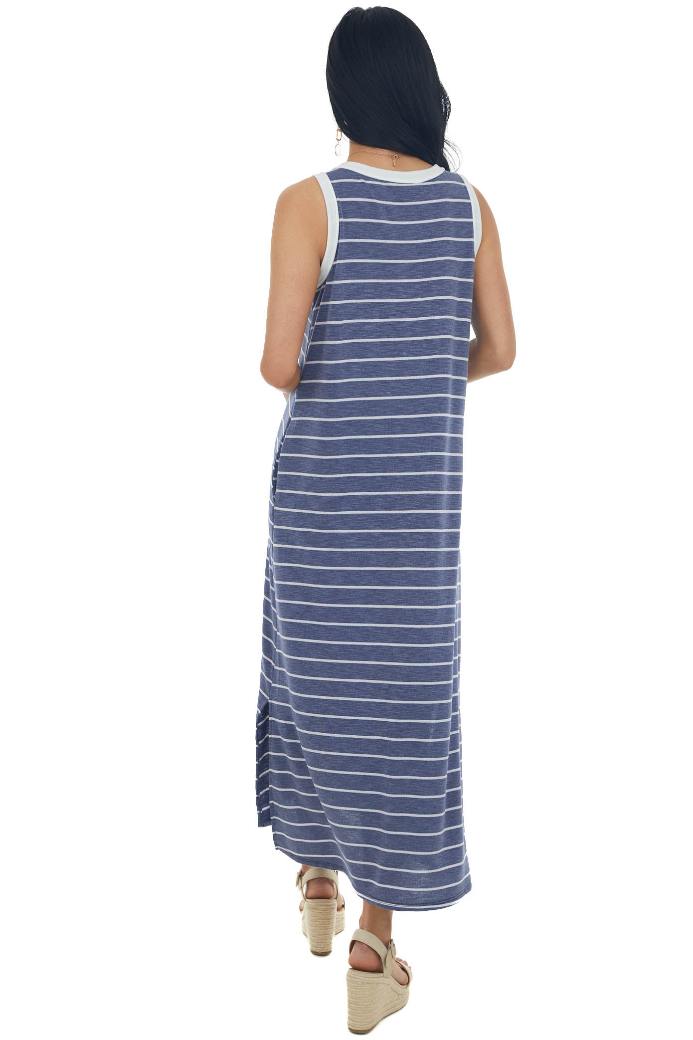 Heathered Navy Striped Notch Neck Midi Dress