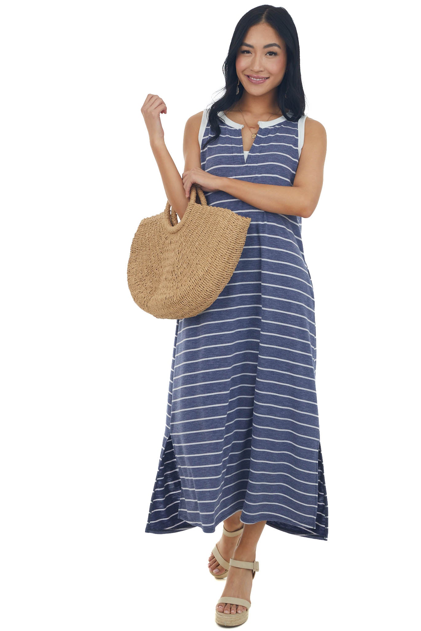 Heathered Navy Striped Notch Neck Midi Dress