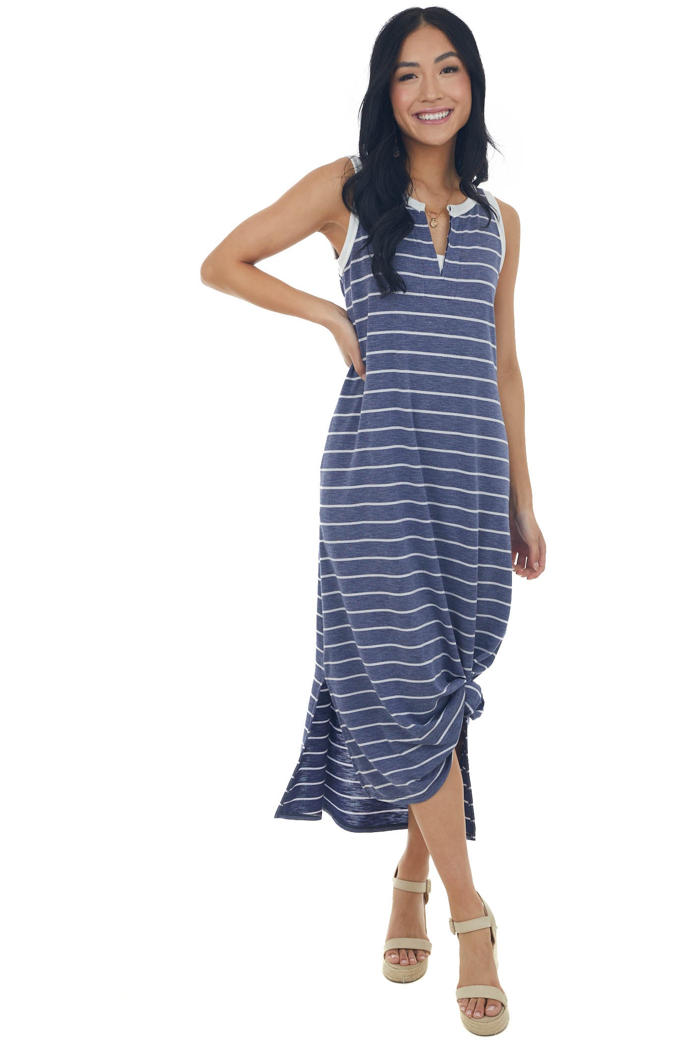 Heathered Navy Striped Notch Neck Midi Dress