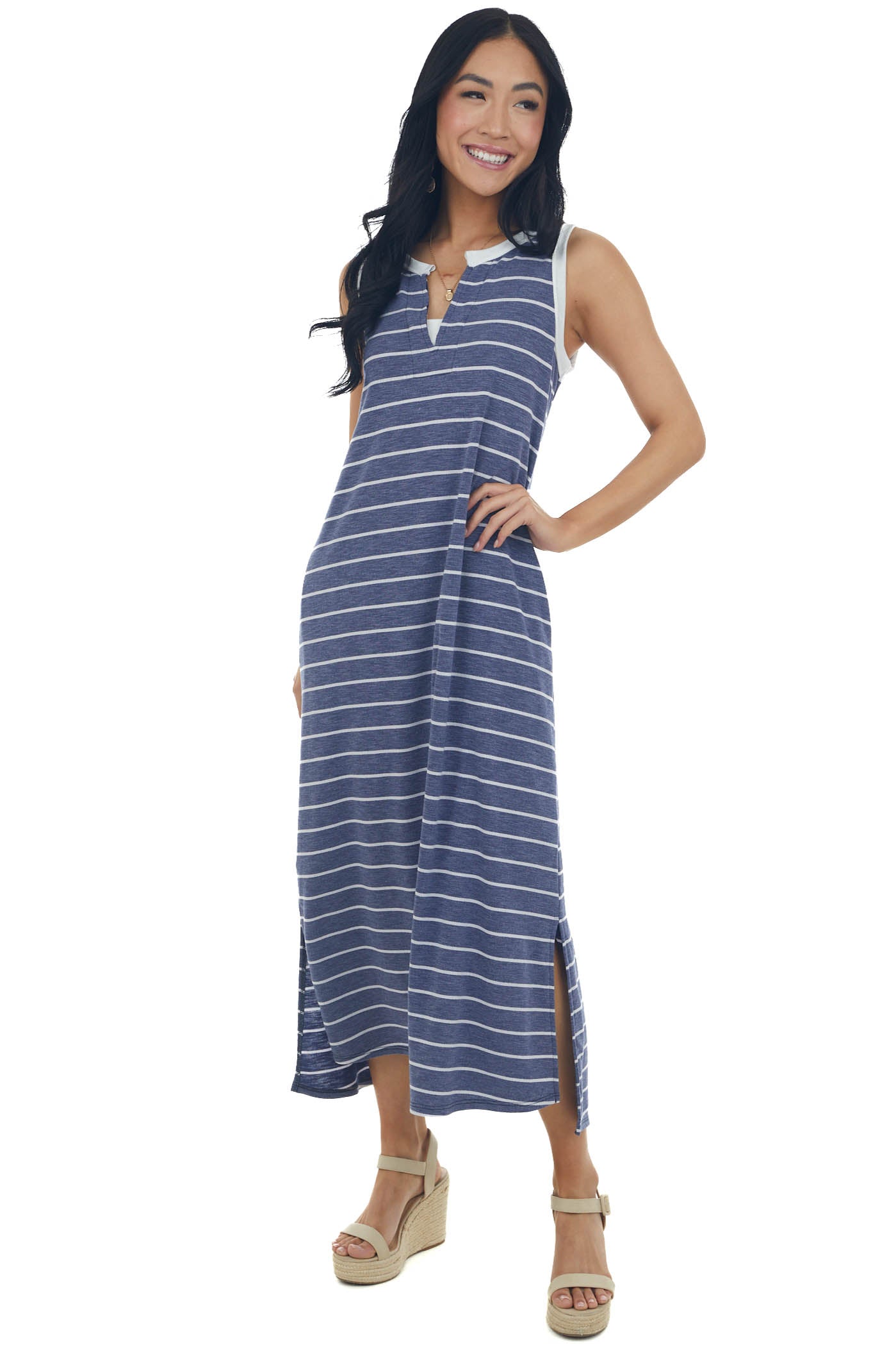 Heathered Navy Striped Notch Neck Midi Dress