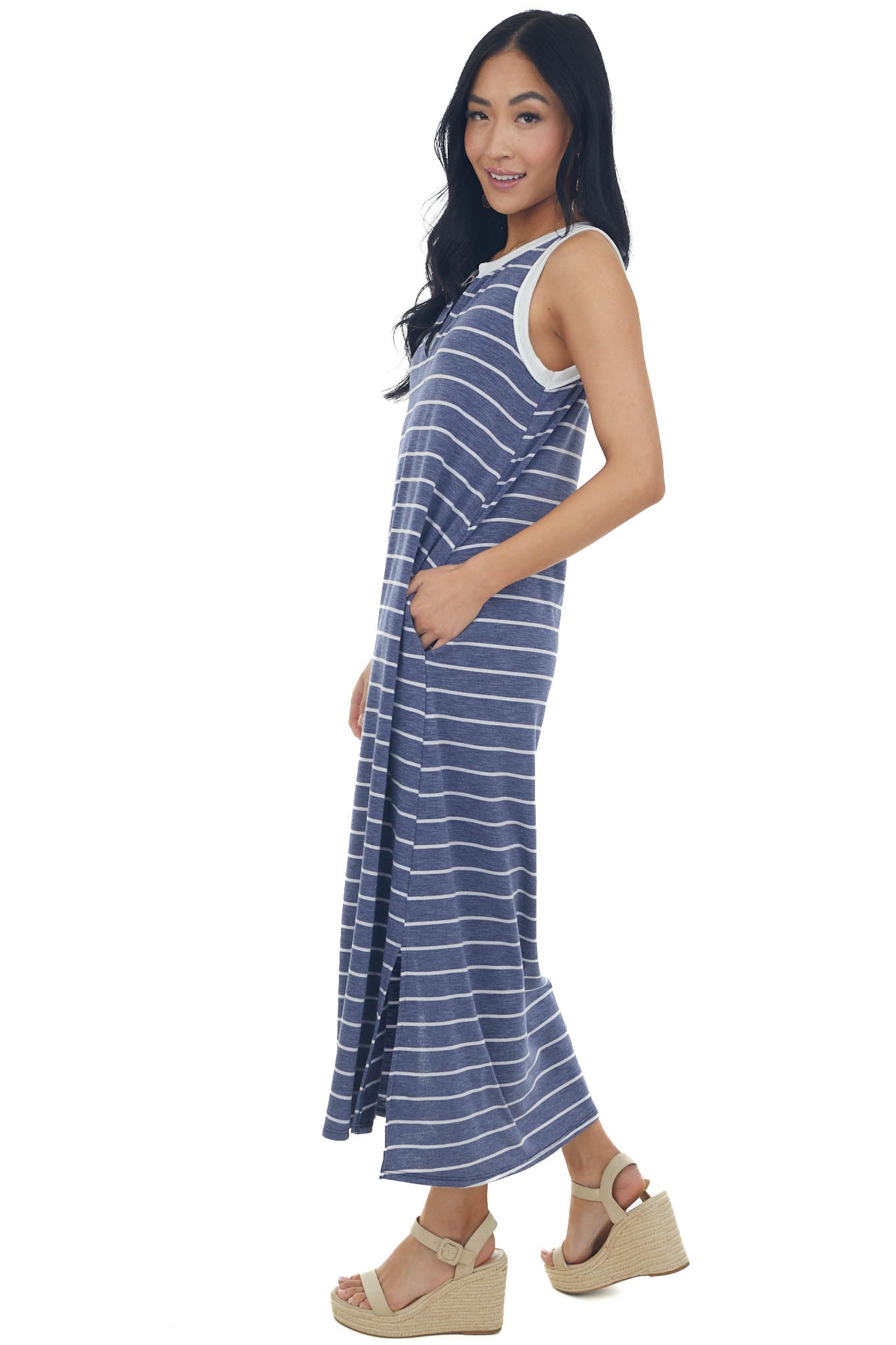 Heathered Navy Striped Notch Neck Midi Dress