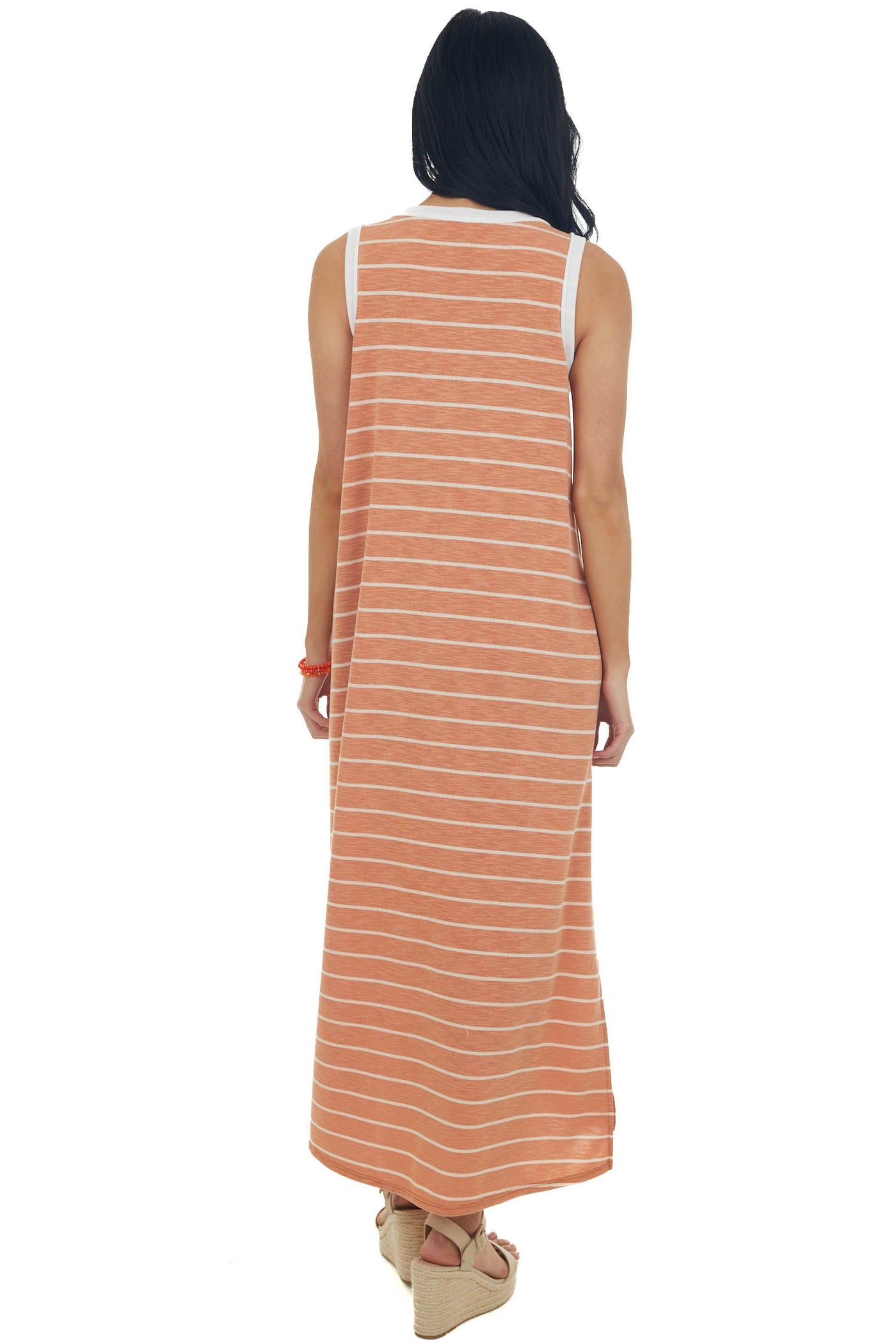 Heathered Papaya Striped Notch Neck Midi Dress