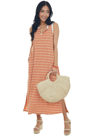 Heathered Papaya Striped Notch Neck Midi Dress