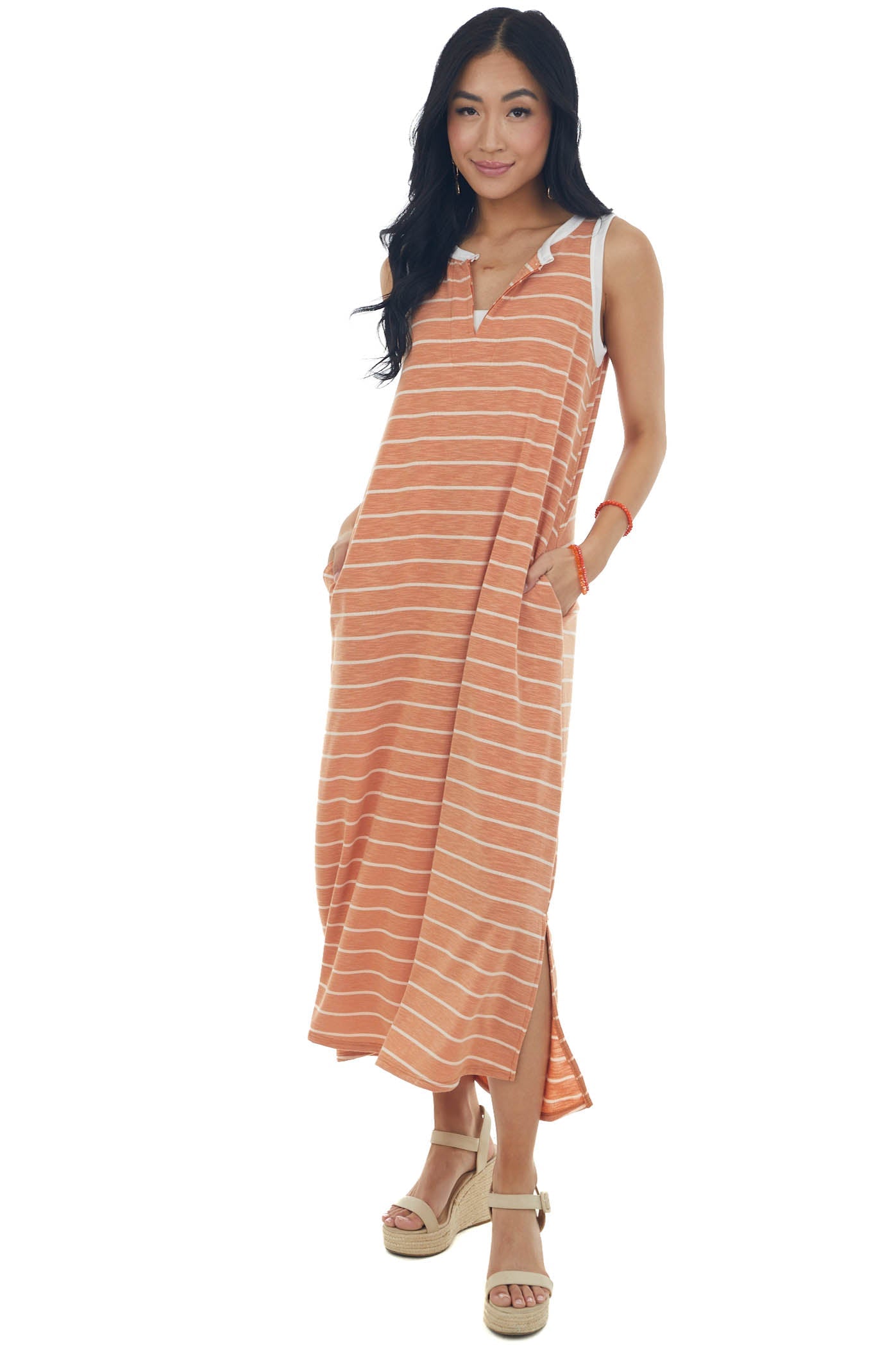 Heathered Papaya Striped Notch Neck Midi Dress