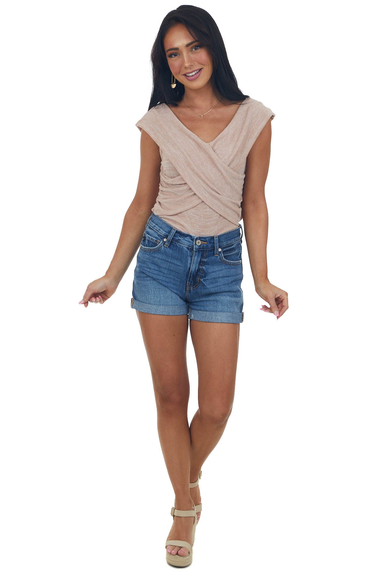 Heathered Rose Taupe Criss Cross Overlay Knit Top