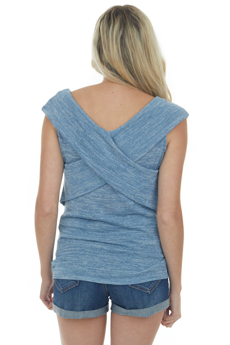 Heathered Steel Blue Criss Cross Overlay Knit Top