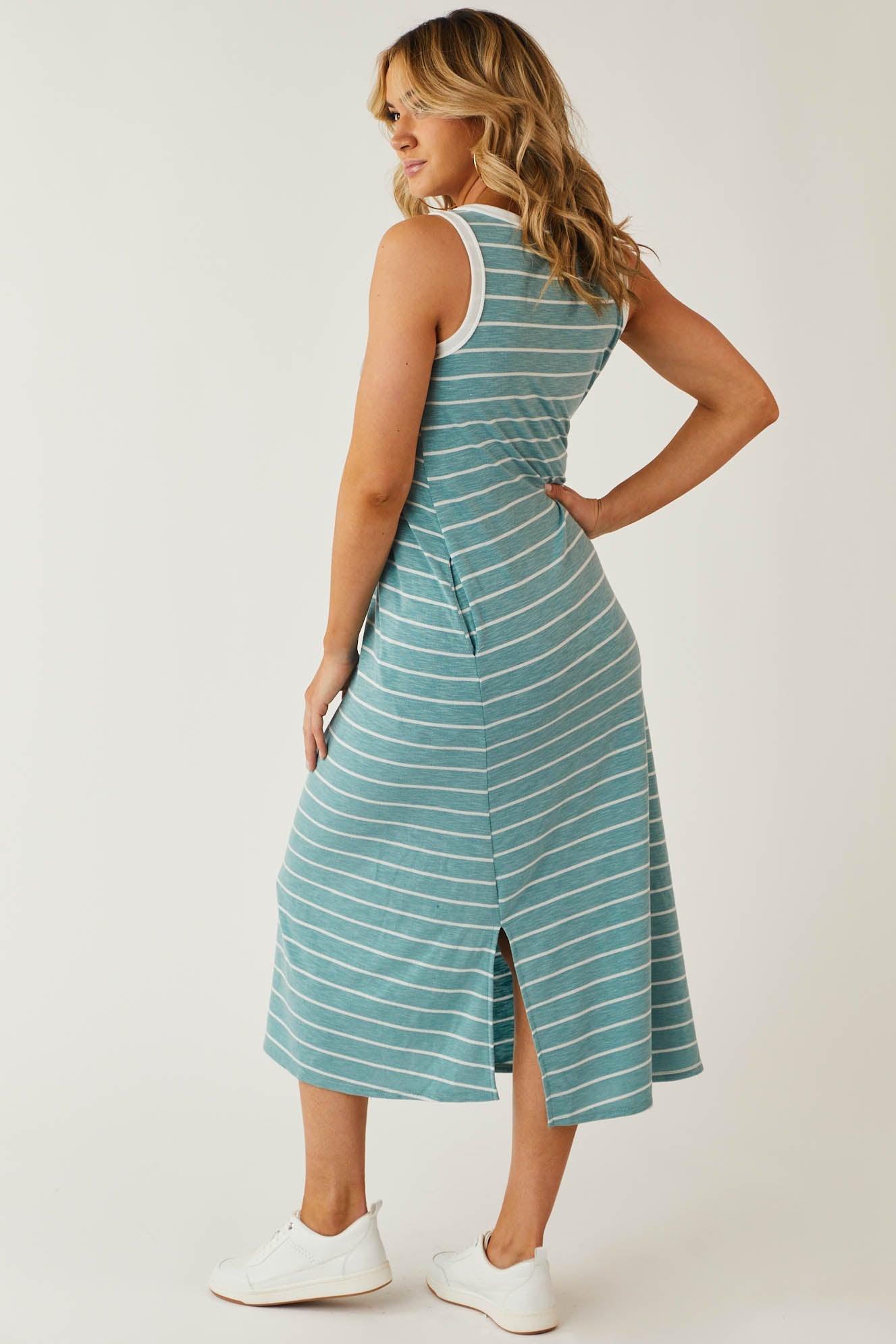 Heathered Teal Striped Notch Neck Midi Dress