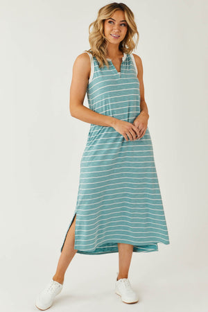 Heathered Teal Striped Notch Neck Midi Dress