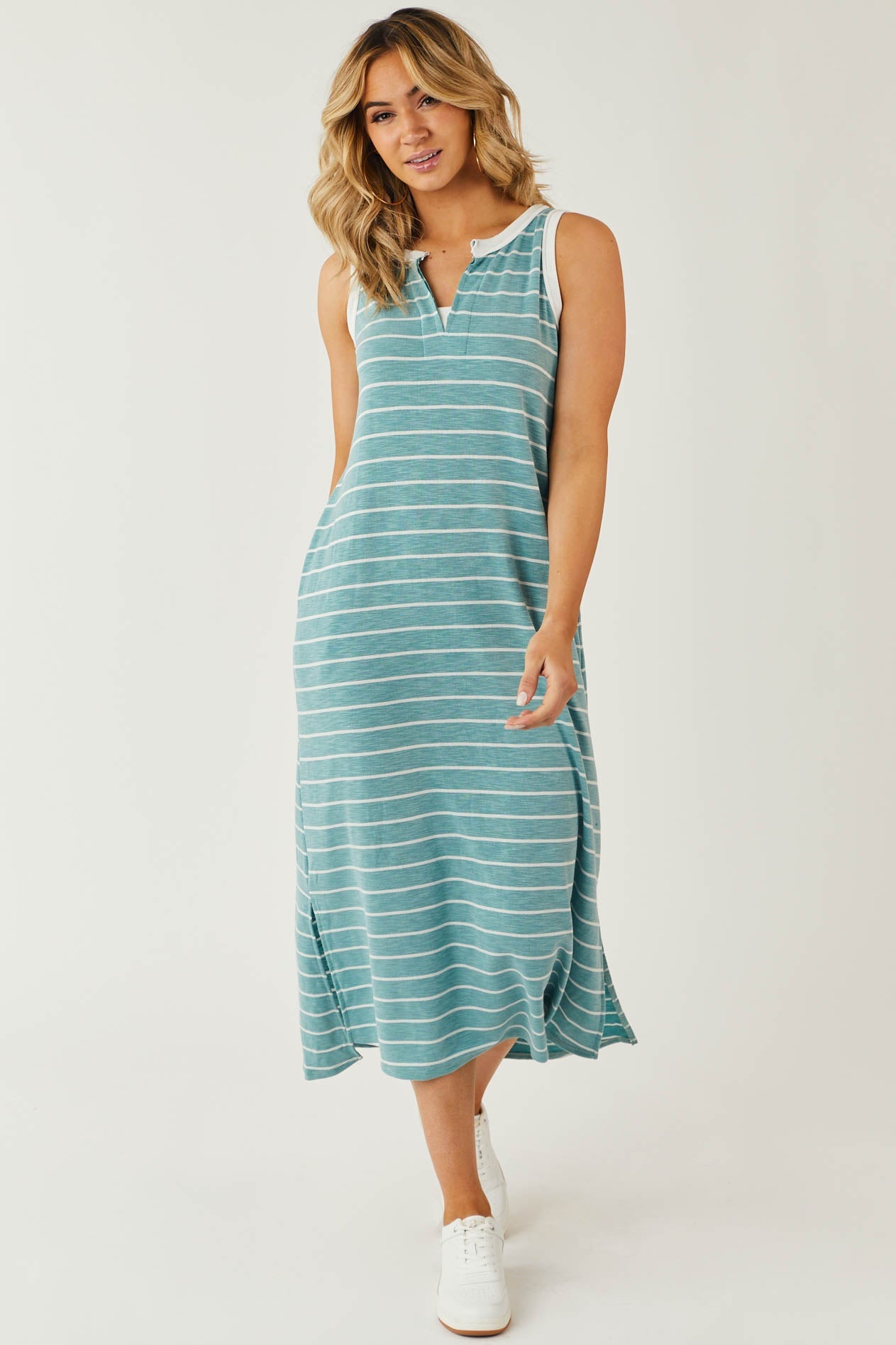 Heathered Teal Striped Notch Neck Midi Dress