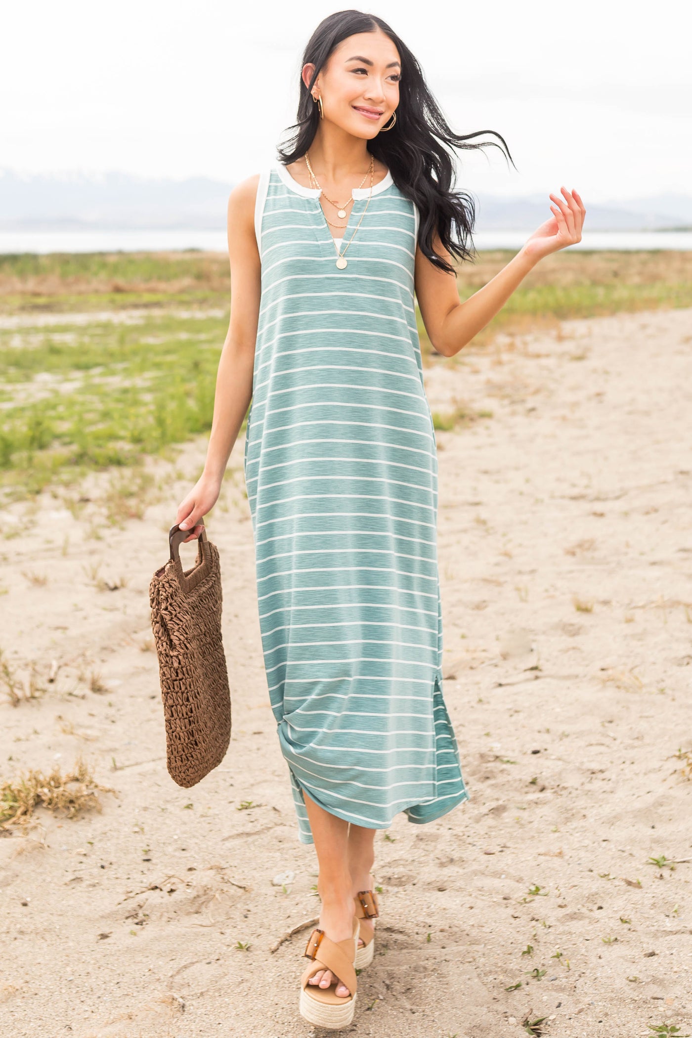 Heathered Teal Striped Notch Neck Midi Dress