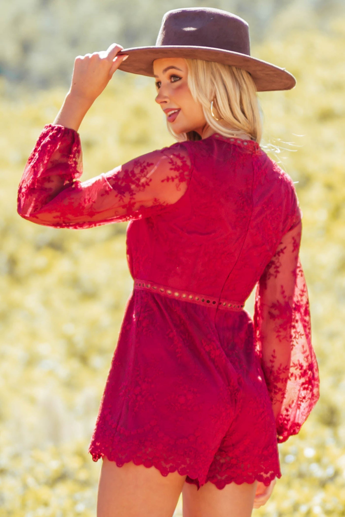 Wine Lace Romper with Long Sleeves