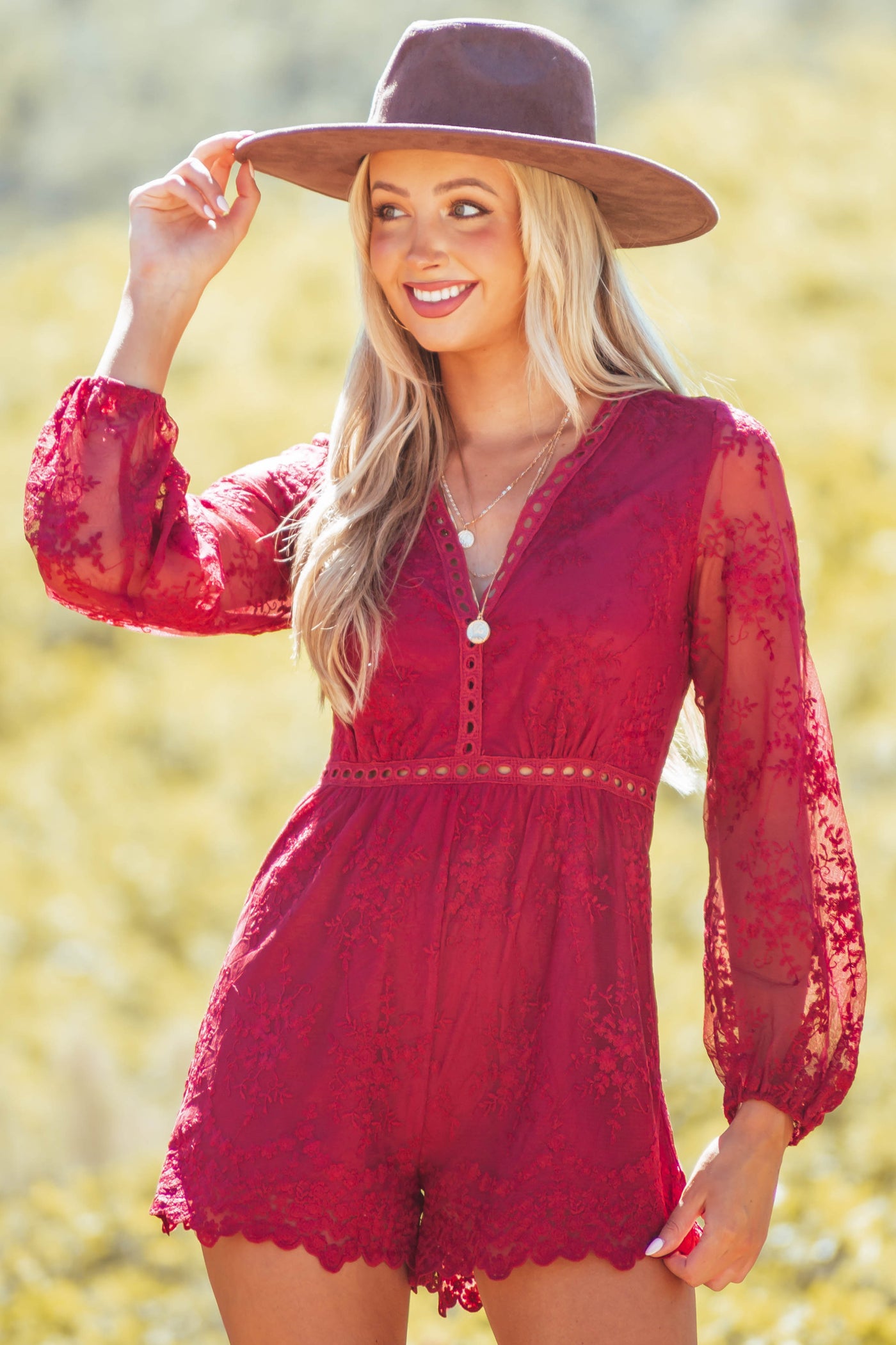 Wine Lace Romper with Long Sleeves