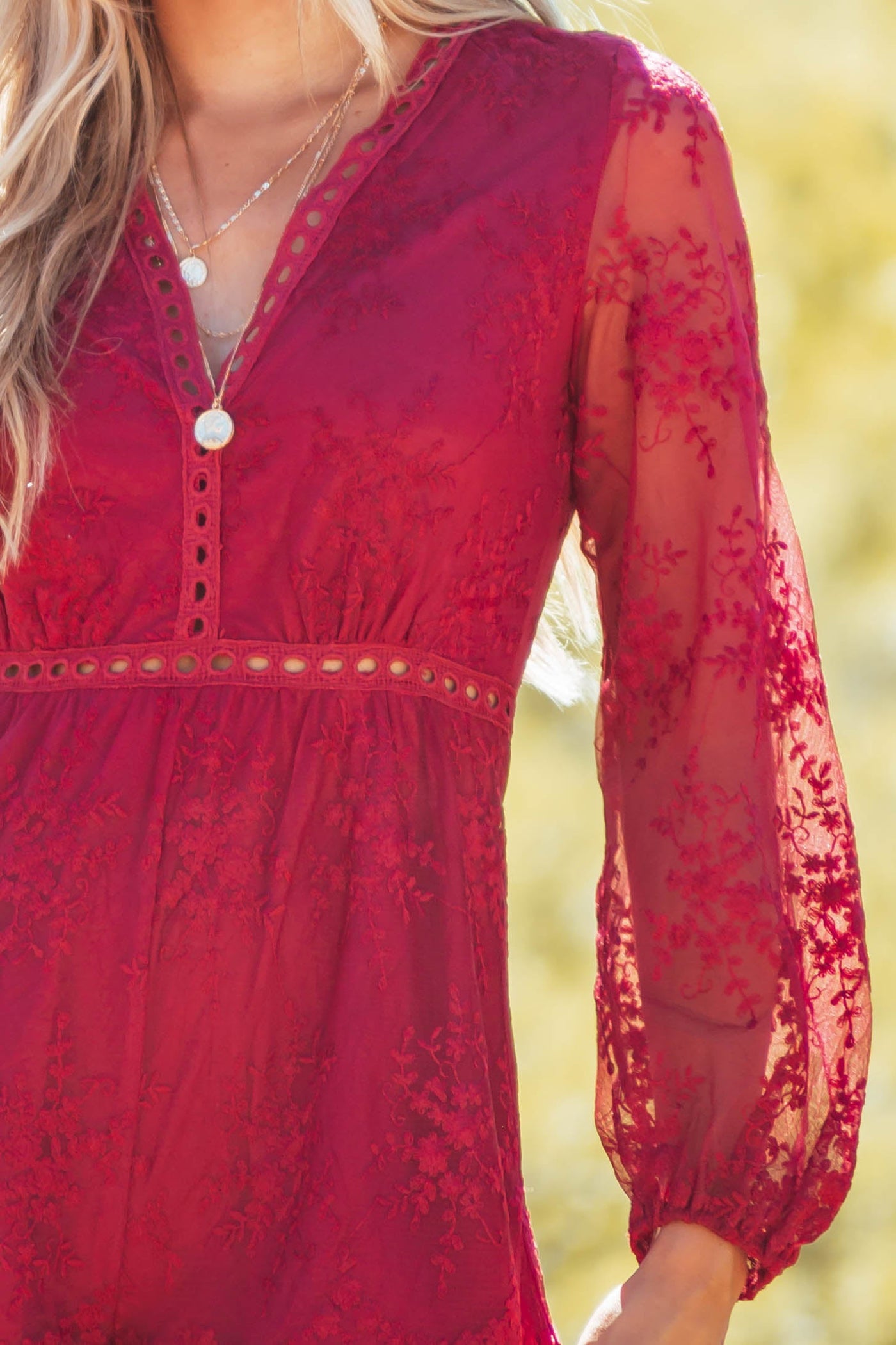 Wine Lace Romper with Long Sleeves