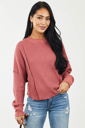 Hibiscus Lettuce Trim Waffle Knit Raw Edge Top