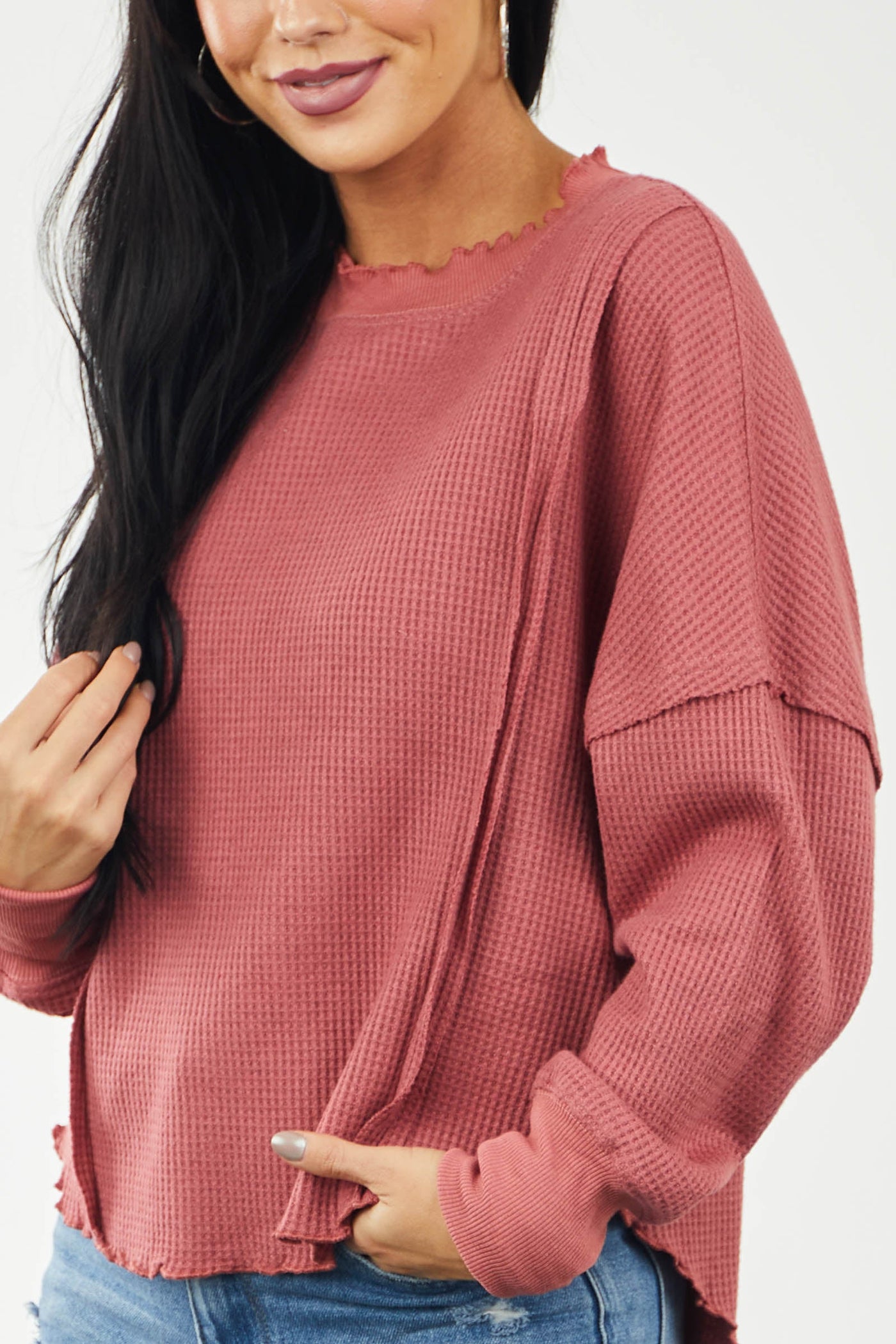 Hibiscus Lettuce Trim Waffle Knit Raw Edge Top