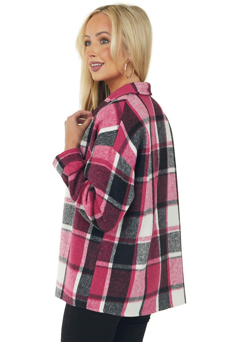 Hibiscus Plaid Button Up Brushed Shirt Jacket