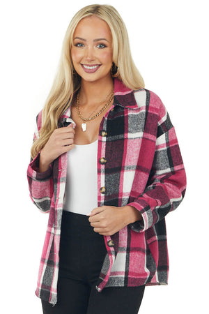 Hibiscus Plaid Button Up Brushed Shirt Jacket
